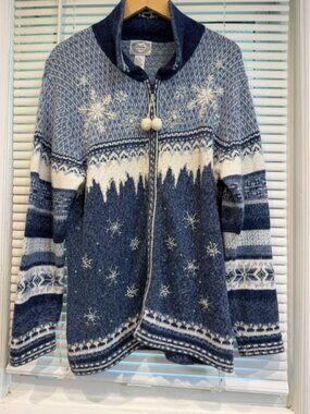 VTG Stitches in Time Beaded Snowflake Pom Pom Zip Sweater Size L